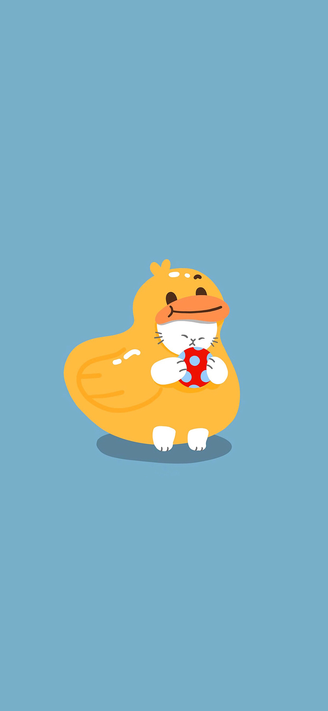 [2436×1125]蓝色背景 卡通 猫咪 小黄鸭 苹果手机动漫壁纸图片