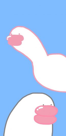 [2436x1125]蓝色背景 卡通 萌物 粉色嘴巴 苹果手机动漫壁纸图片