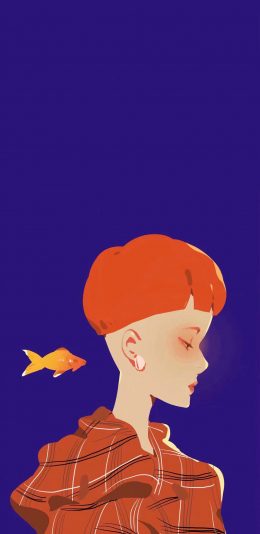 [2436x1125]蓝色背景 女孩插图 小金鱼 苹果手机动漫壁纸图片