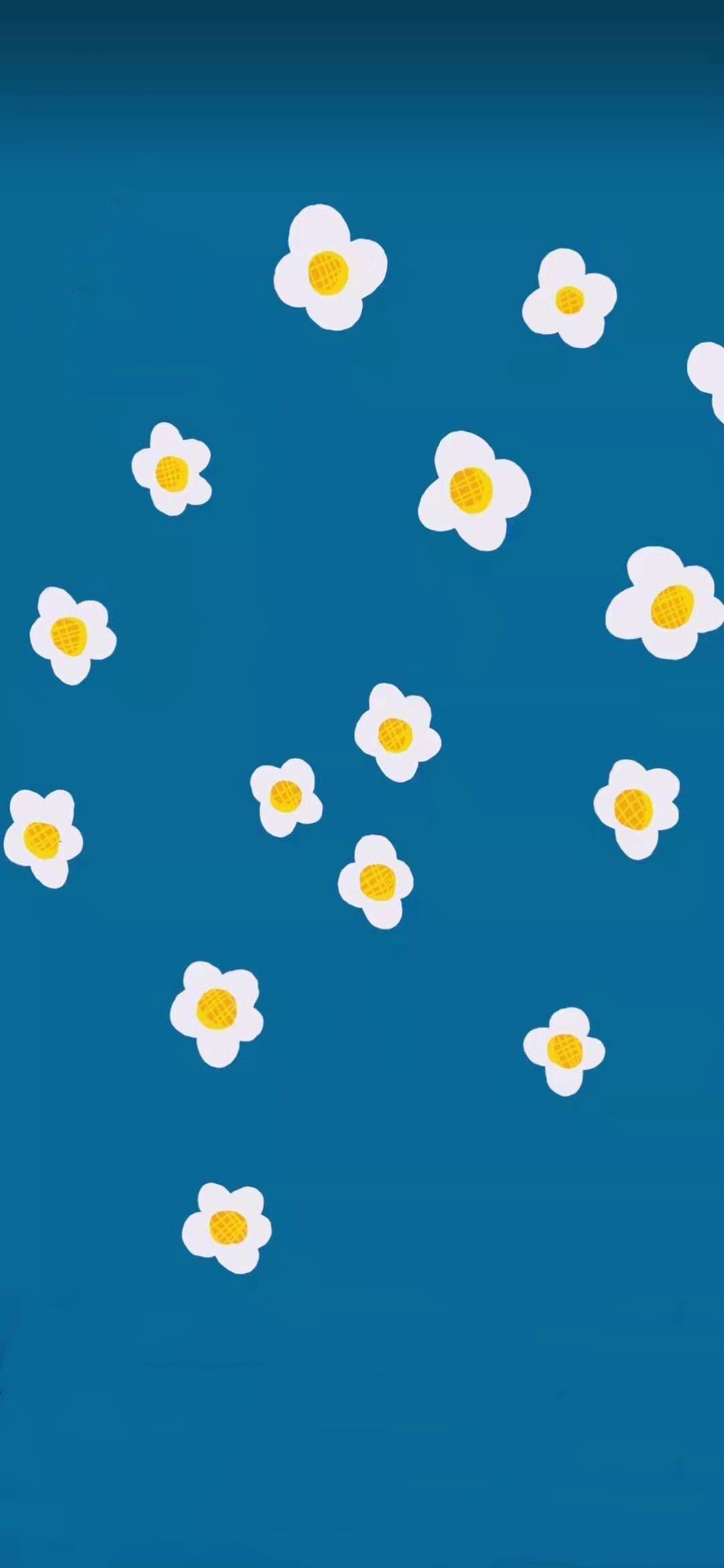 [2436×1125]蓝色背景 小花 清新 平铺 卡通 苹果手机动漫壁纸图片