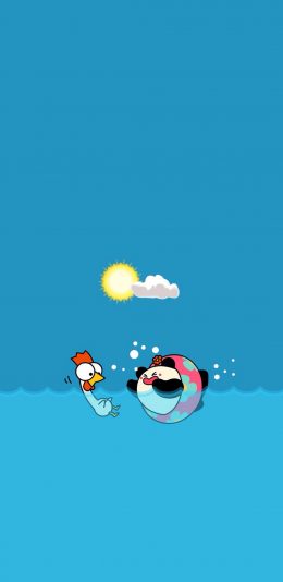 [2436x1125]蓝色背景 趣味卡通 熊猫 小鸡 苹果手机动漫壁纸图片