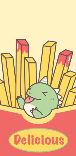 [2436x1125]薯条 可爱 小恐龙 番茄酱 苹果手机动漫壁纸图片