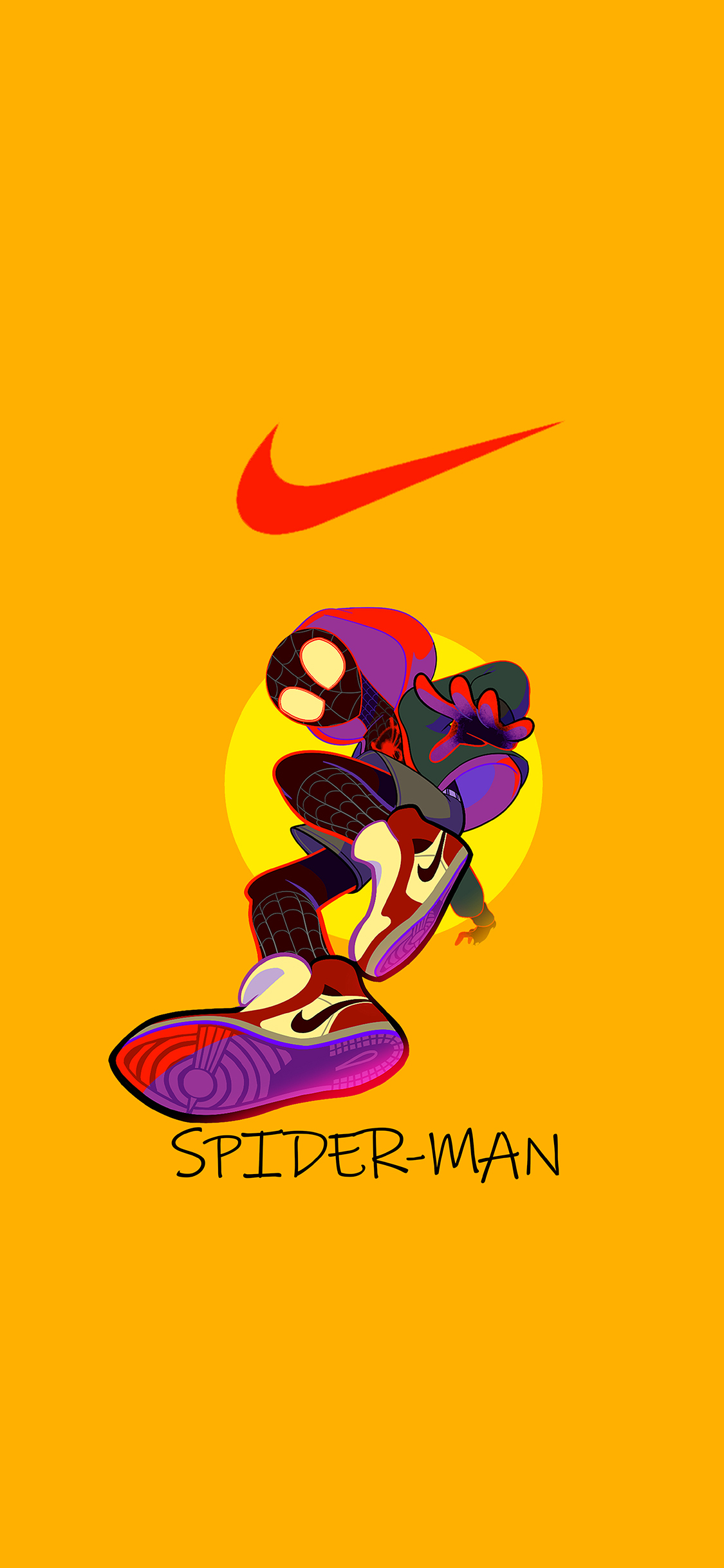 [2436×1125]蜘蛛侠 平行宇宙 电影 漫威 欧美 迈尔斯 黄色 耐克 苹果手机动漫壁纸图片