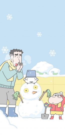 [2436x1125]蜡笔小新 堆雪人 冬天 爸爸 日本 动画 苹果手机动漫壁纸图片