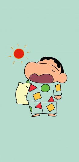 [2436x1125]蜡笔小新 太阳 起床 睡衣 打哈欠 日本 苹果手机动漫壁纸图片