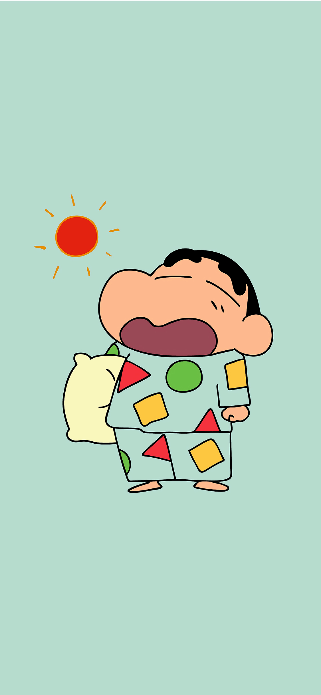 [2436×1125]蜡笔小新 太阳 起床 睡衣 打哈欠 日本 苹果手机动漫壁纸图片