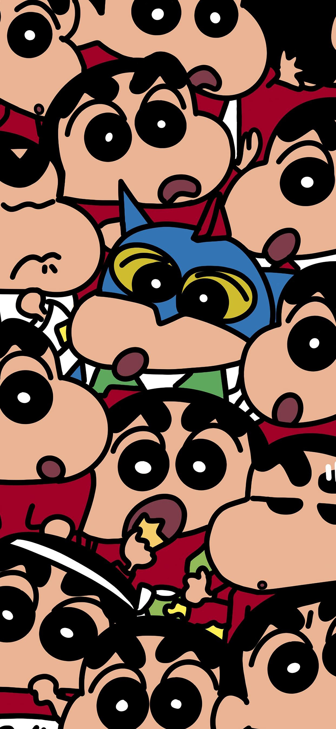 [2436×1125]蜡笔小新 密集 动画 吃 表情 咸蛋超人 苹果手机动漫壁纸图片