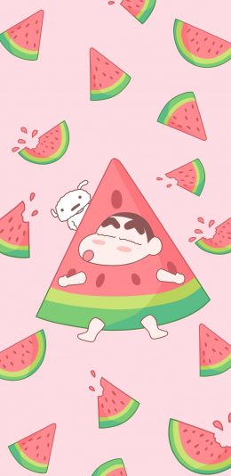 [2436x1125]蜡笔小新 小白 粉色 卡通 西瓜 可爱 苹果手机动漫壁纸图片