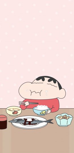 [2436x1125]蜡笔小新 日本 动画 粉色 吃饭 鱼 苹果手机动漫壁纸图片