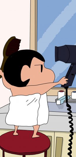 [2436x1125]蜡笔小新 日本 漫画 动画 吹头发 吹风机 苹果手机动漫壁纸图片