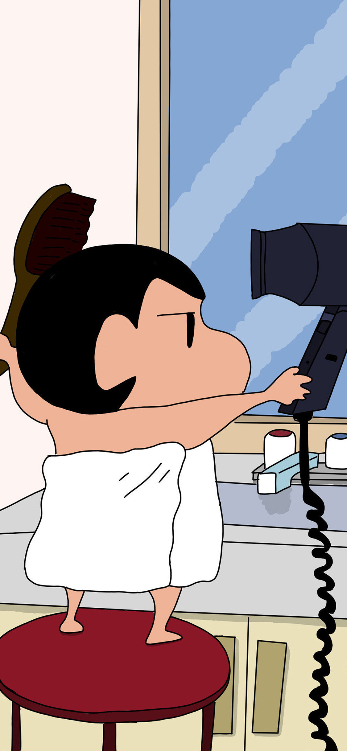 [2436×1125]蜡笔小新 日本 漫画 动画 吹头发 吹风机 苹果手机动漫壁纸图片