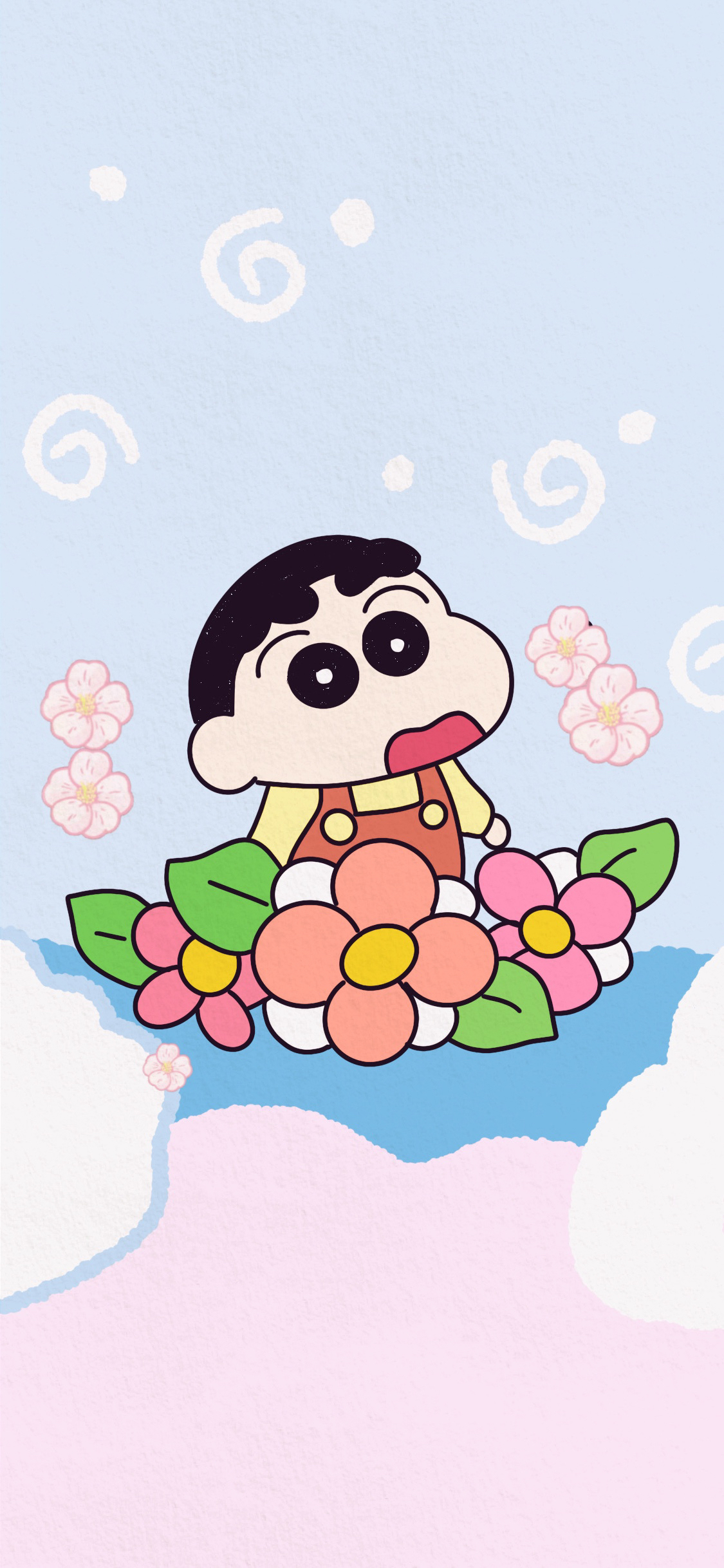 [2436×1125]蜡笔小新 日漫 可爱 花朵 苹果手机动漫壁纸图片