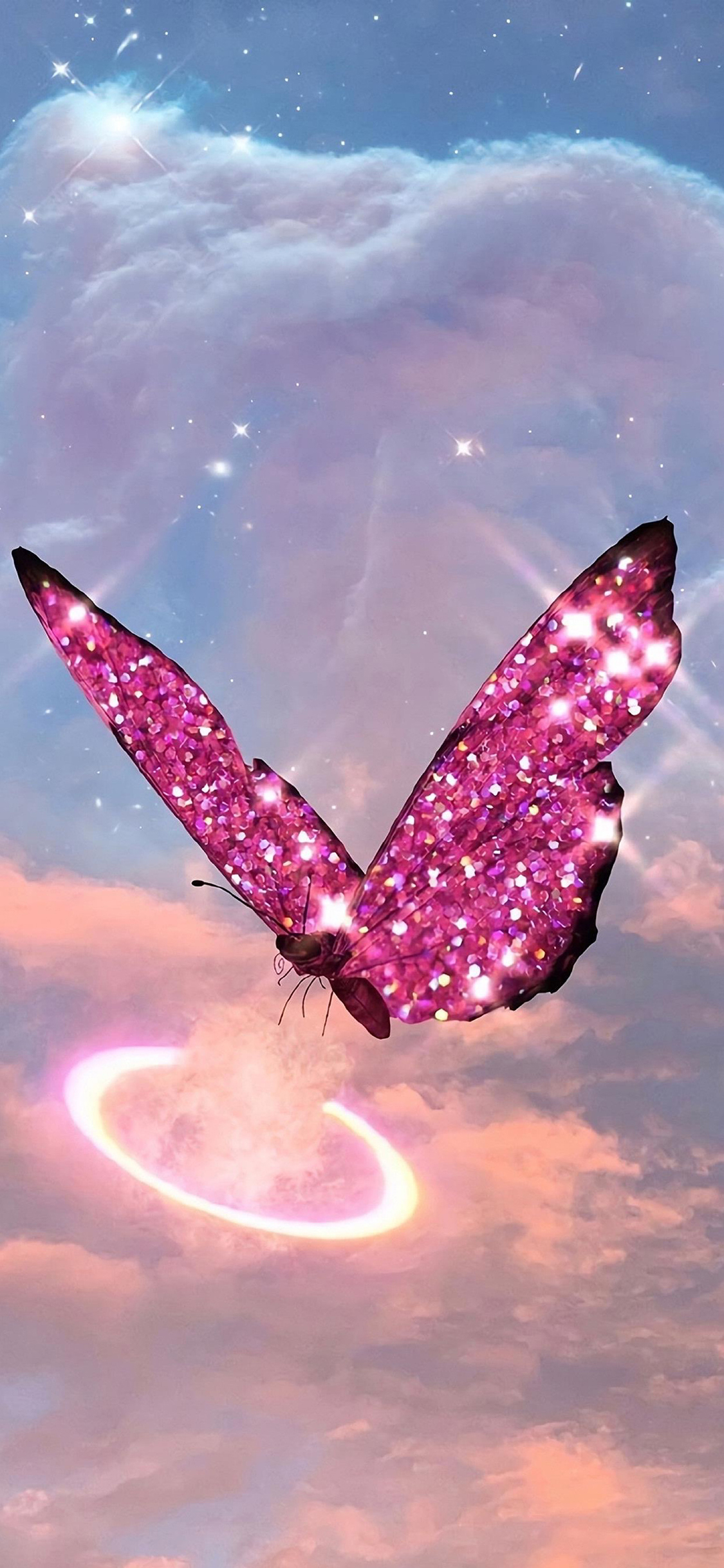 [2436×1125]蝴蝶 粉色 闪耀 梦幻 苹果手机动漫壁纸图片