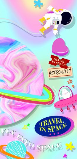 [2436x1125]行星 宇航员 飞碟 色彩 苹果手机动漫壁纸图片