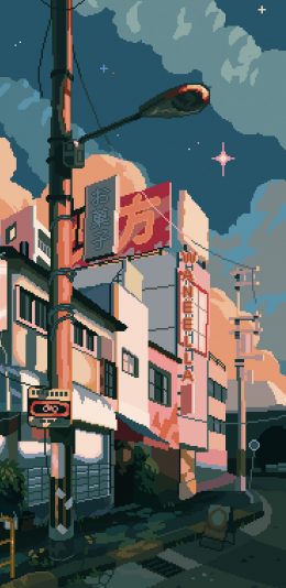 [2436x1125]街道 像素风 路灯 房屋 苹果手机动漫壁纸图片