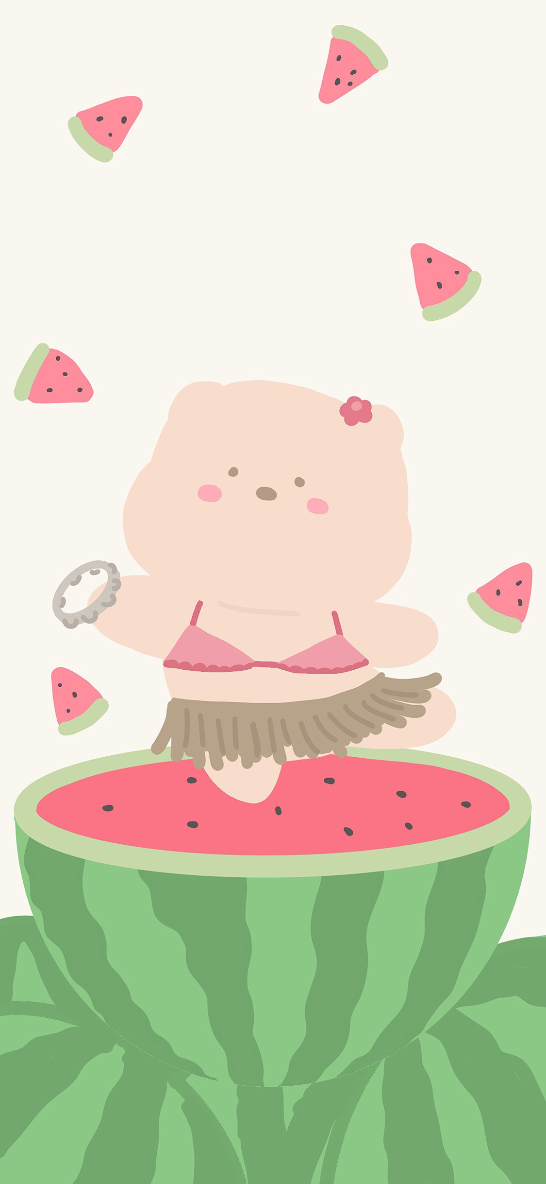 [2436×1125]西瓜 小熊 可爱 起舞 比基尼 苹果手机动漫壁纸图片