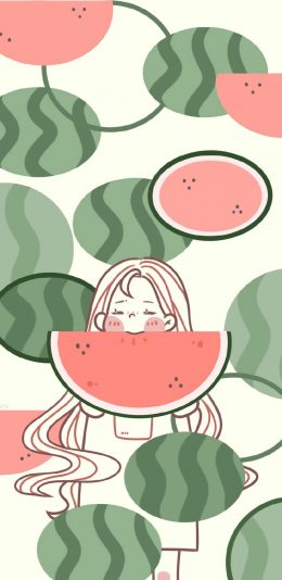 [2436x1125]西瓜 平铺 女孩 卡通 苹果手机动漫壁纸图片