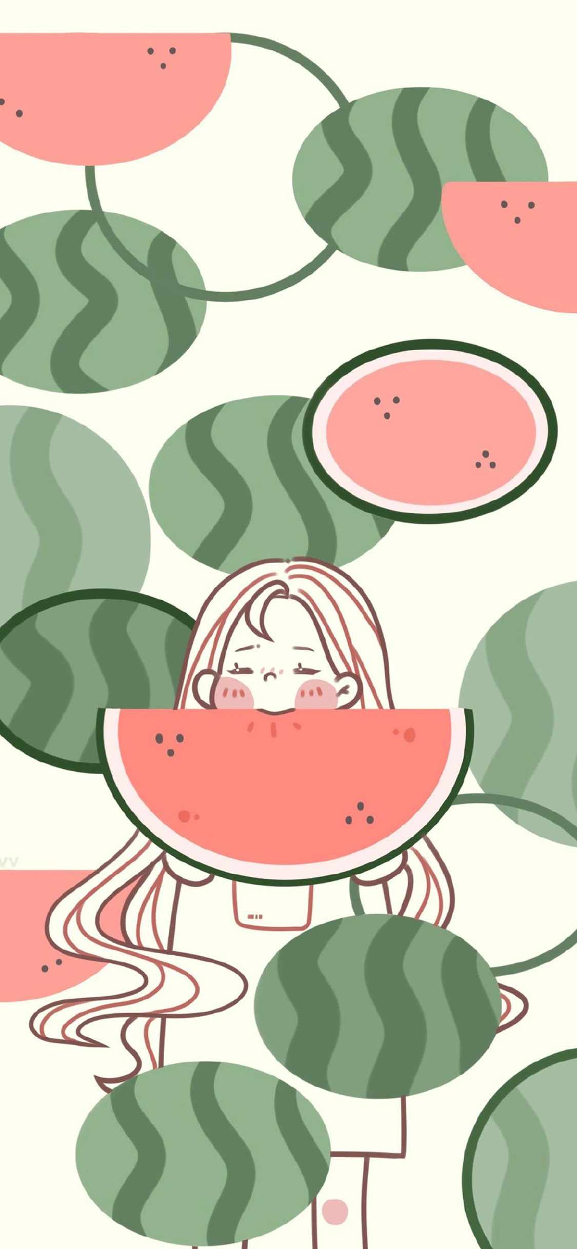 [2436×1125]西瓜 平铺 女孩 卡通 苹果手机动漫壁纸图片
