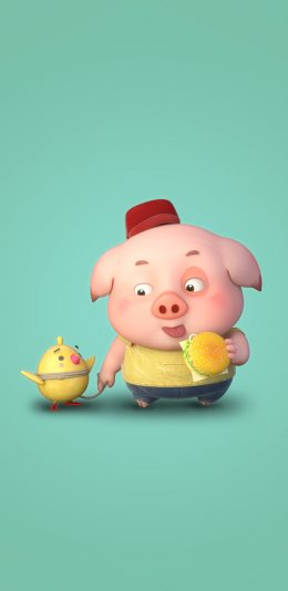 [2436x1125]豆豆猪 可爱 卡通 汉堡 小鸡 苹果手机动漫壁纸图片