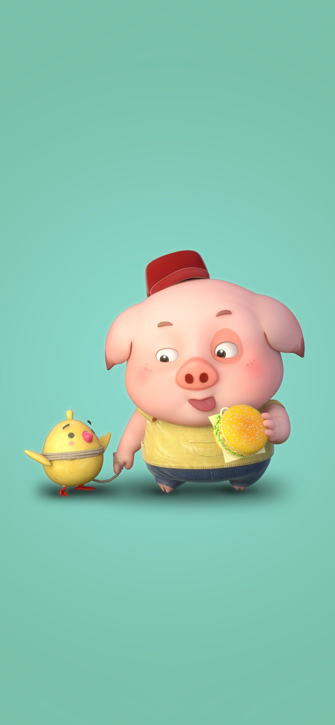 [2436×1125]豆豆猪 可爱 卡通 汉堡 小鸡 苹果手机动漫壁纸图片