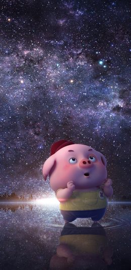 [2436x1125]豆豆猪 星空 夜晚 可爱 苹果手机动漫壁纸图片