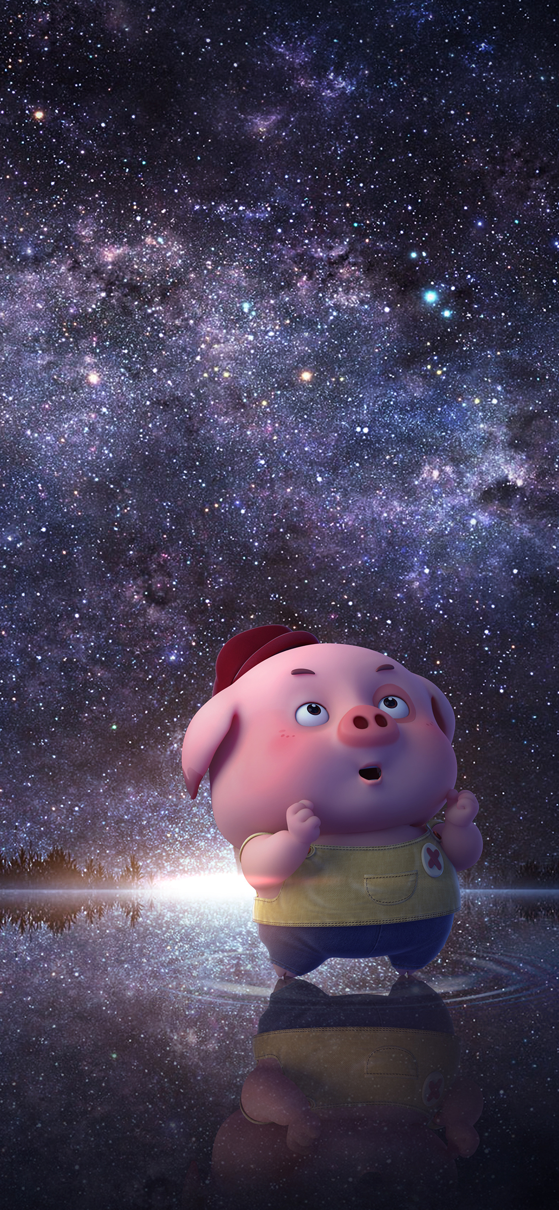 [2436×1125]豆豆猪 星空 夜晚 可爱 苹果手机动漫壁纸图片