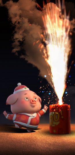 [2436x1125]豆豆猪 烟花 新年 卡通 苹果手机动漫壁纸图片