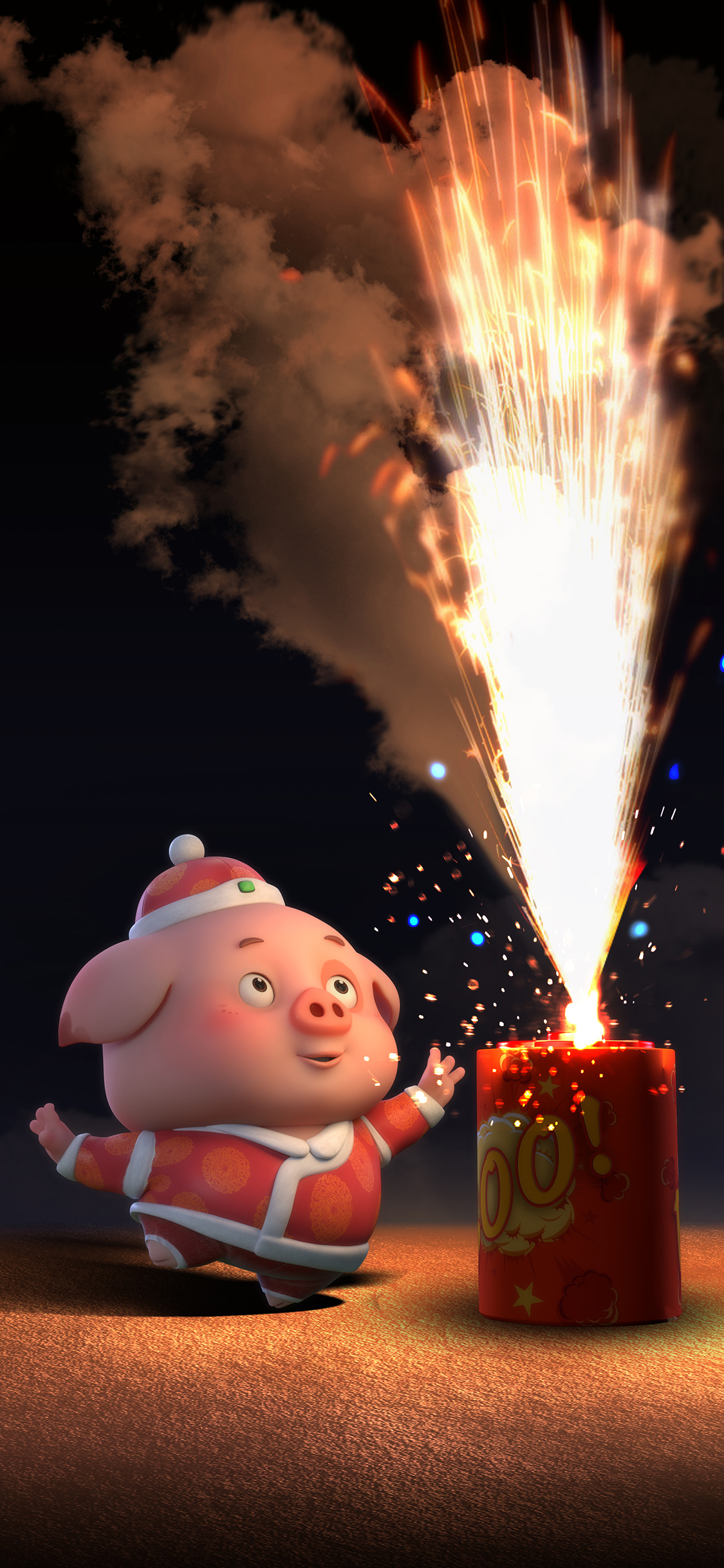 [2436×1125]豆豆猪 烟花 新年 卡通 苹果手机动漫壁纸图片