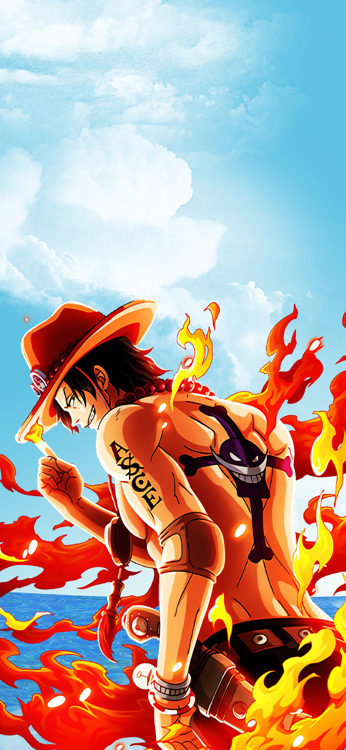 [2436×1125]路飞 海贼王 动画 漫画 火焰 日本  纹身 苹果手机动漫壁纸图片