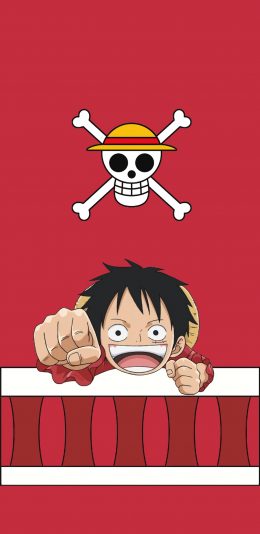 [2436x1125]路飞 海贼王 红色 骷髅头 漫画 苹果手机动漫壁纸图片