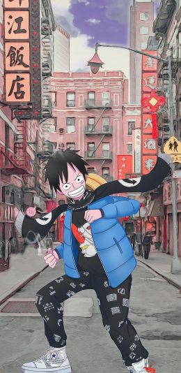 [2436x1125]路飞 街道 漫画 海贼王 潮流 潮服 苹果手机动漫壁纸图片