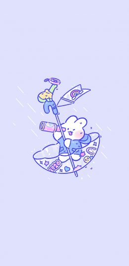 [2436x1125]软萌兔 mongmong 紫色 航行 望远镜 兔子 苹果手机动漫壁纸图片