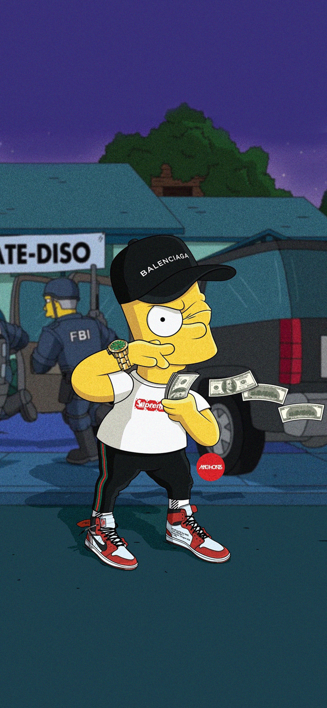 [2436×1125]辛普森一家 动画 卡通 欧美 美元 钞票 苹果手机动漫壁纸图片