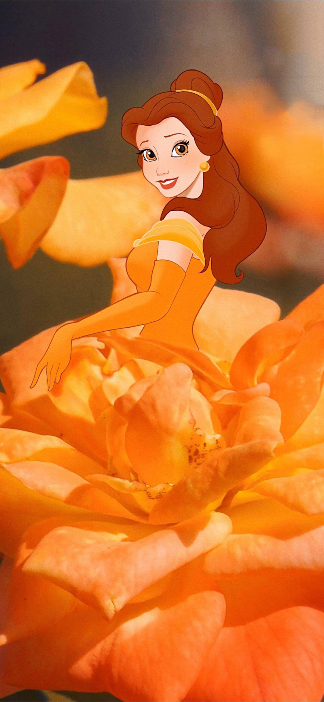 [2436×1125]迪士尼 公主 鲜花 黄色 裙子 苹果手机动漫壁纸图片