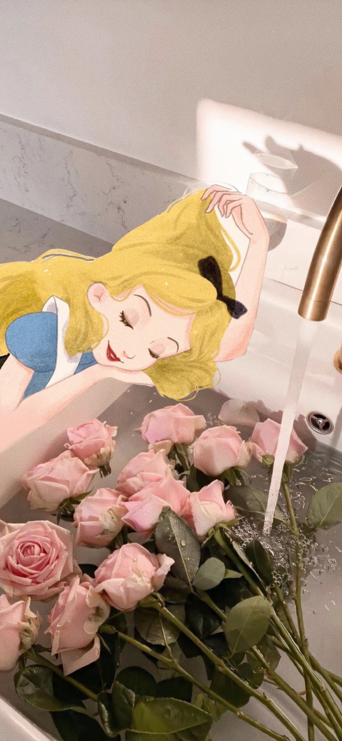 [2436×1125]迪士尼公主 爱丽丝 玫瑰花 粉色 苹果手机动漫壁纸图片