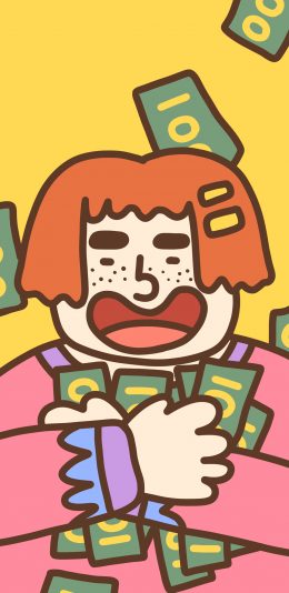 [2436x1125]钞票 发财 钱 小女孩 开心 大笑 苹果手机动漫壁纸图片