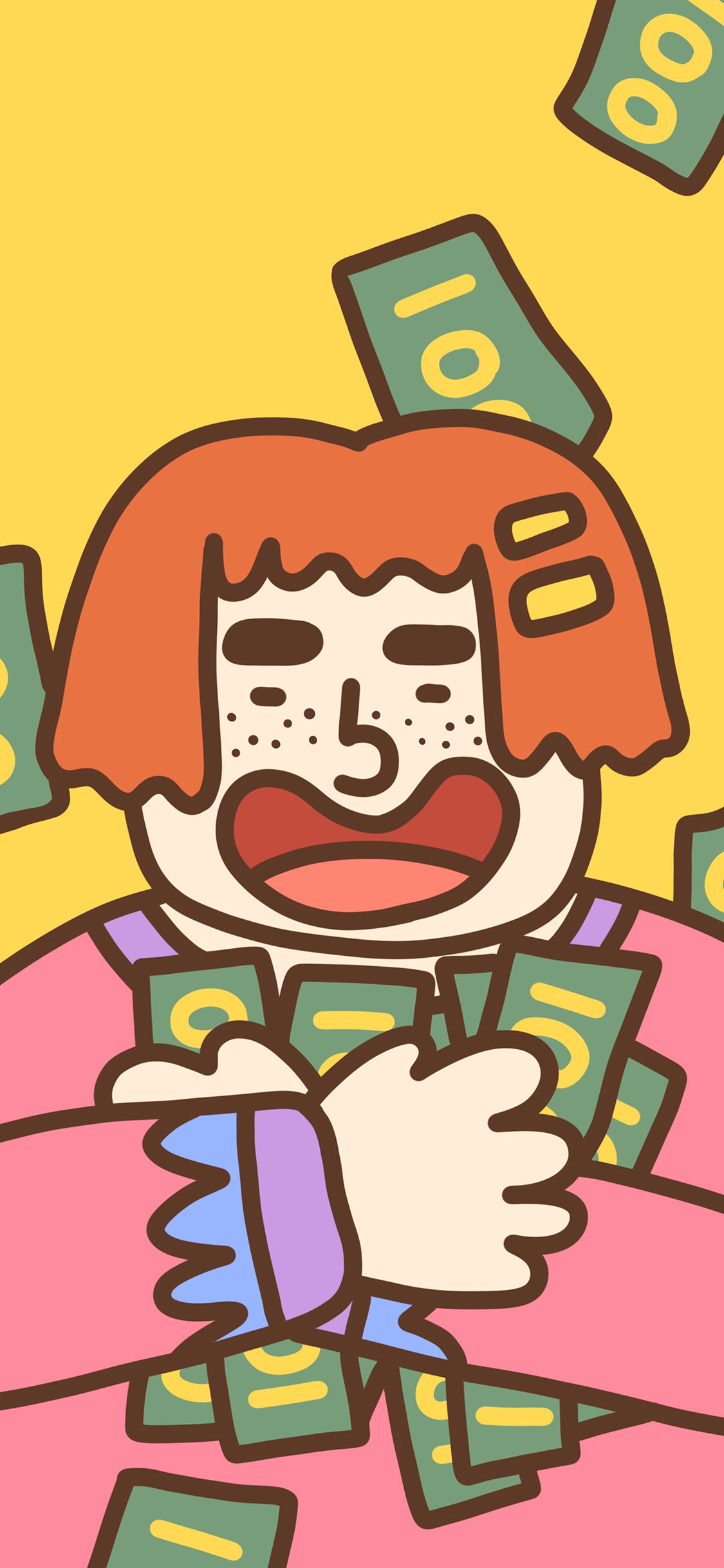 [2436×1125]钞票 发财 钱 小女孩 开心 大笑 苹果手机动漫壁纸图片