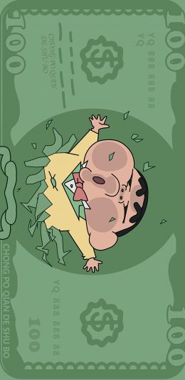 [2436x1125]钞票 蜡笔小新 美元 绿色 钱 苹果手机动漫壁纸图片