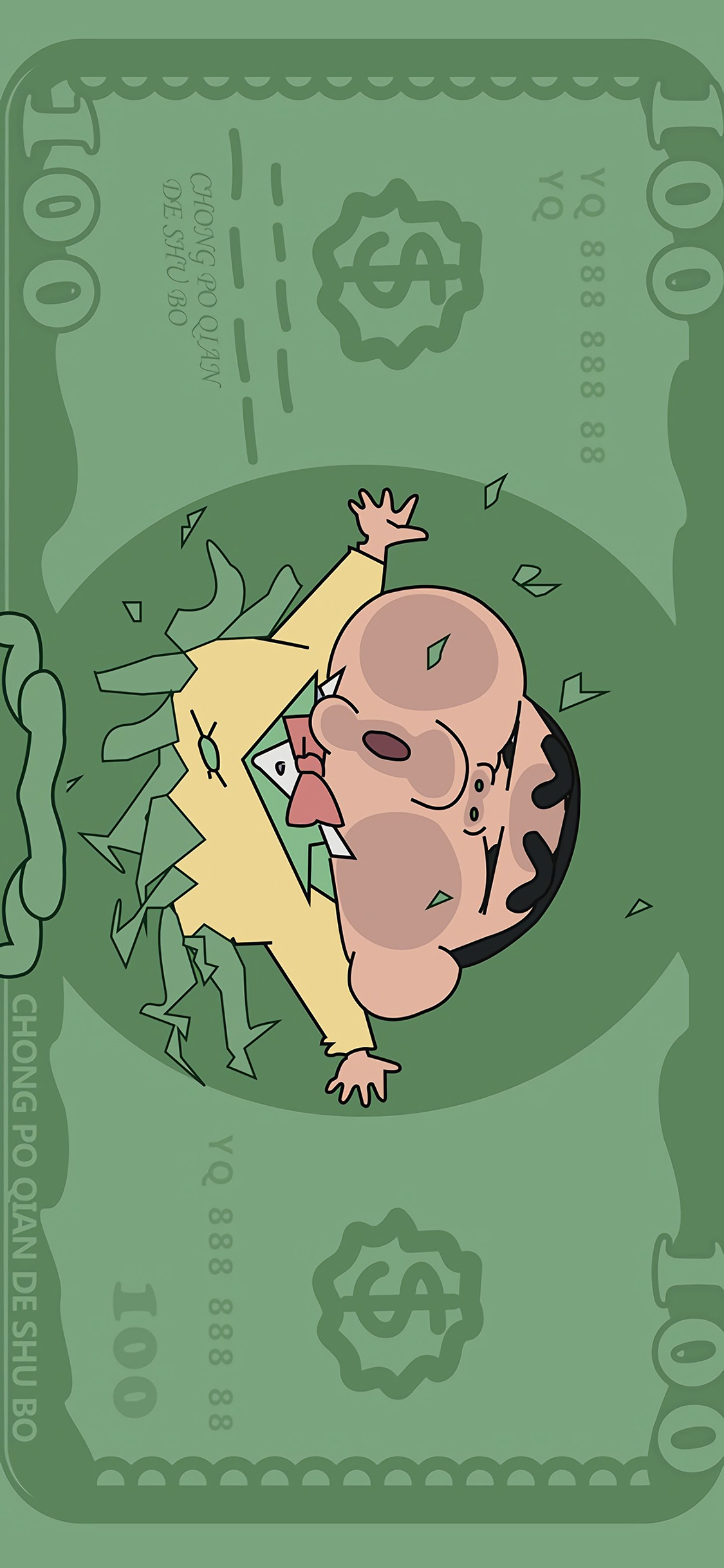 [2436×1125]钞票 蜡笔小新 美元 绿色 钱 苹果手机动漫壁纸图片