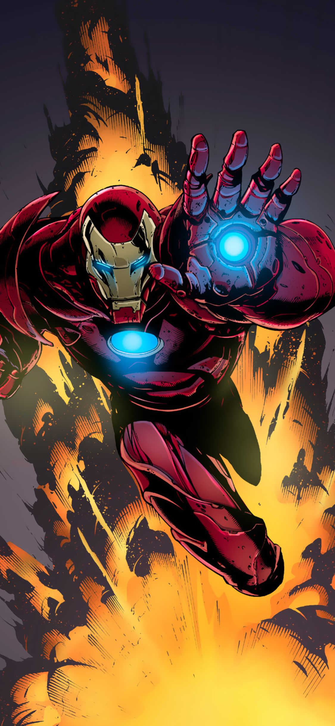 [2436×1125]钢铁侠 超级英雄 漫威 火焰 苹果手机动漫壁纸图片
