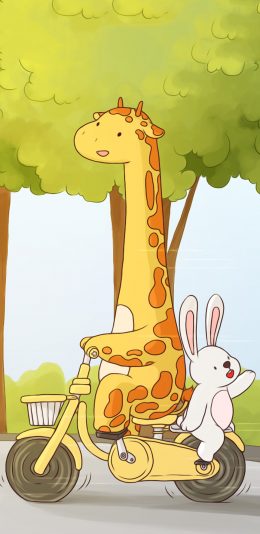 [2436x1125]长颈鹿 小兔子 骑车 苹果手机动漫壁纸图片