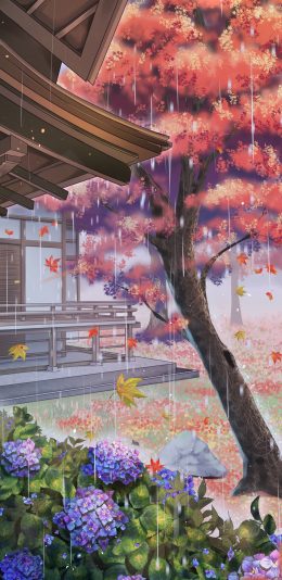 [2436x1125]雨 漫画 场景 院子 树木 苹果手机动漫壁纸图片