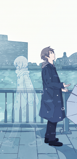 [2436x1125]雨 男孩 思念 江边 蓝色 伞 爱情 苹果手机动漫壁纸图片