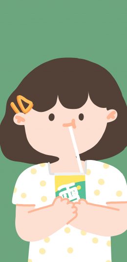 [2436x1125]雪碧 小女孩 绿色 饮料 吸管 苹果手机动漫壁纸图片