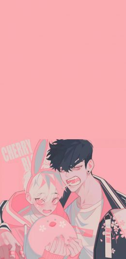 [2436x1125]韩国插画师 作品 少年 粉色背景 苹果手机动漫壁纸图片