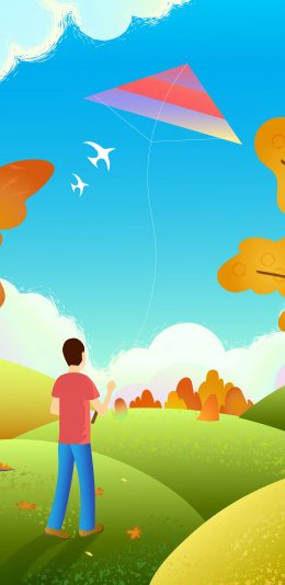 [2436x1125]风景 男孩 背影 放风筝 苹果手机动漫壁纸图片