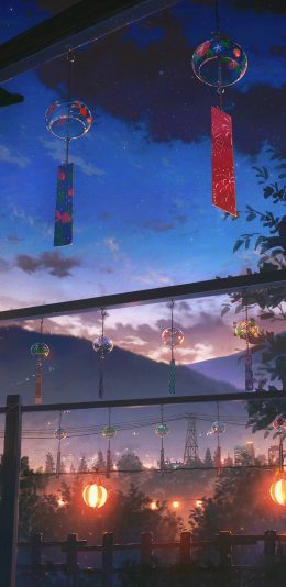 [2436x1125]风铃 漫画 场景 夜空 苹果手机动漫壁纸图片