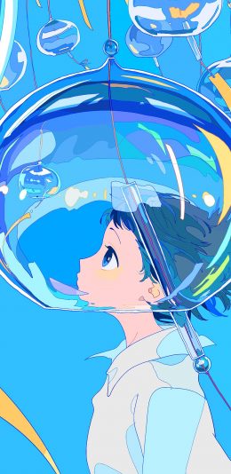 [2436x1125]风铃 蓝色 二次元 女子 漫画 苹果手机动漫壁纸图片