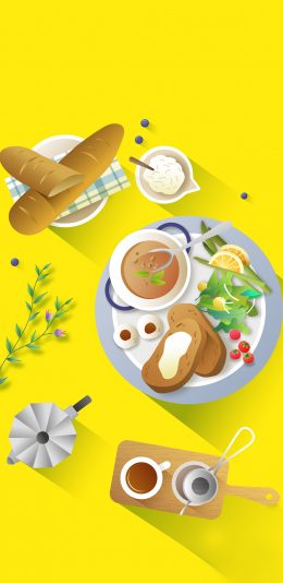 [2436x1125]食物 插图 吐司面包 茶水 黄色 苹果手机动漫壁纸图片