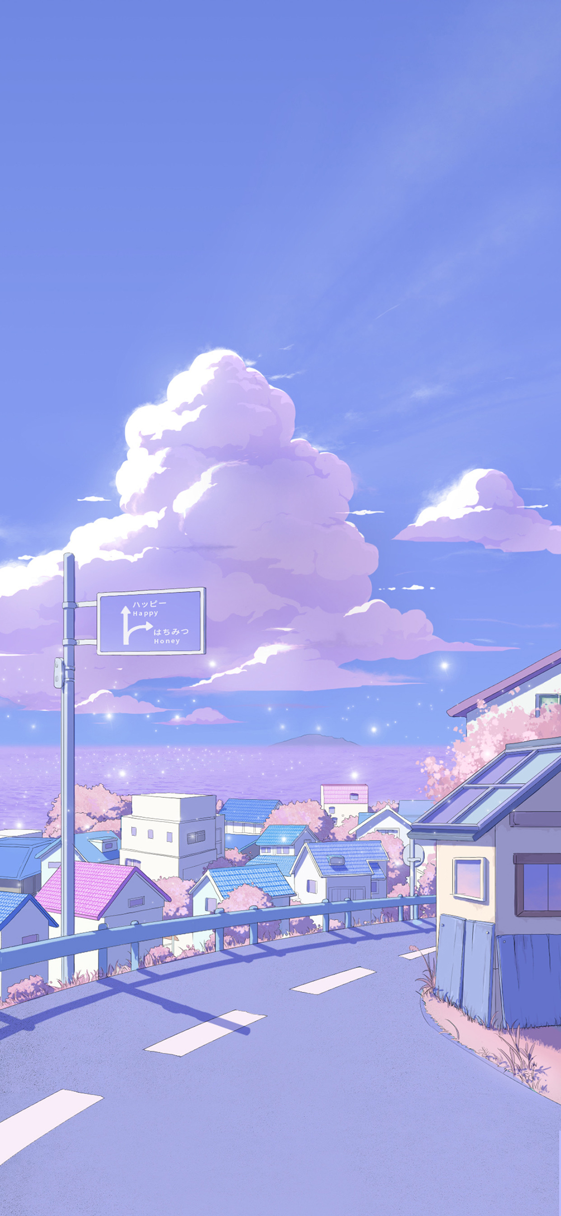 [2436×1125]马路 紫色 漫画 房屋 指示牌 苹果手机动漫壁纸图片